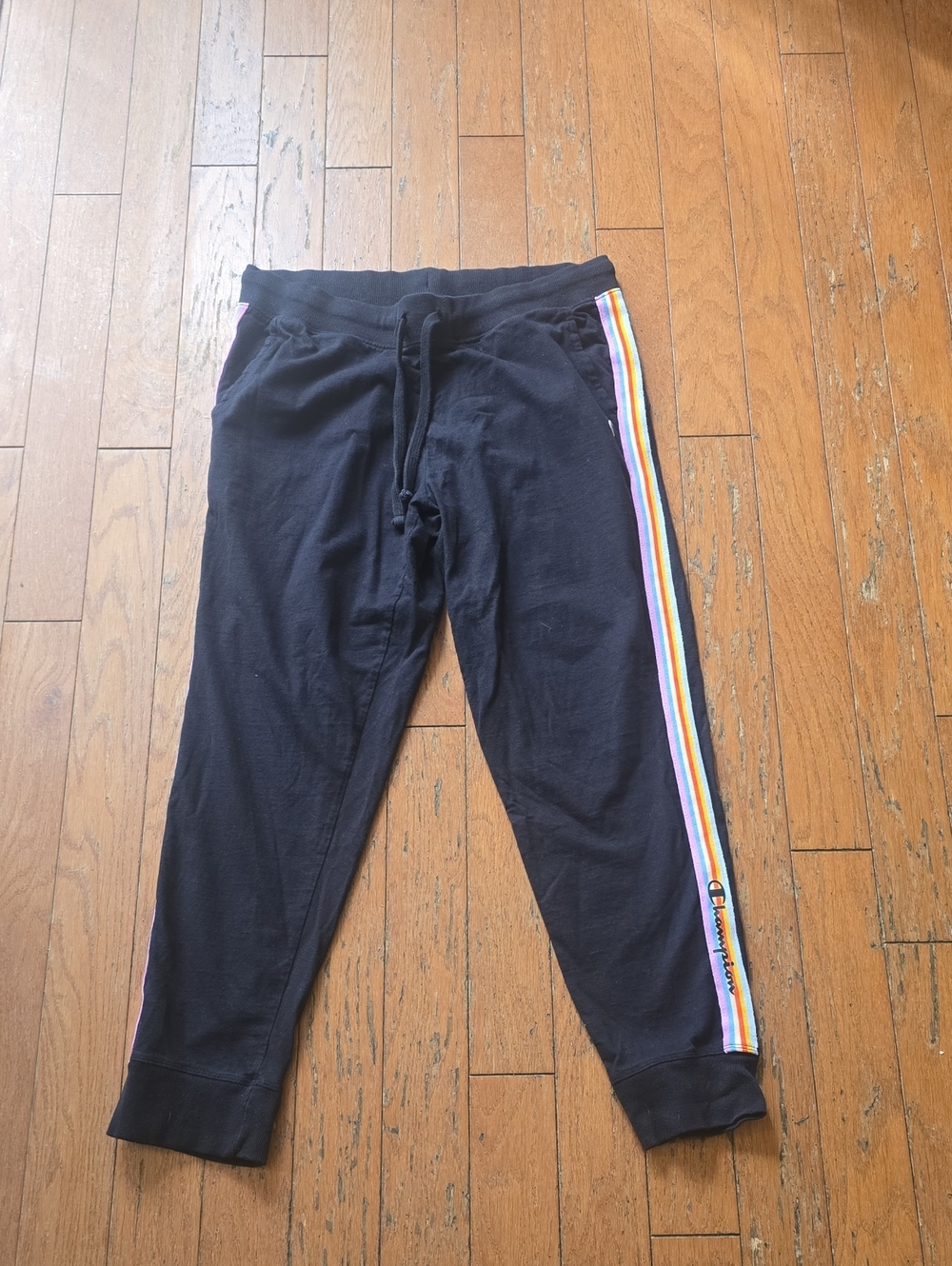Champion Womens Black Joggers with Rainbow Side Stripes